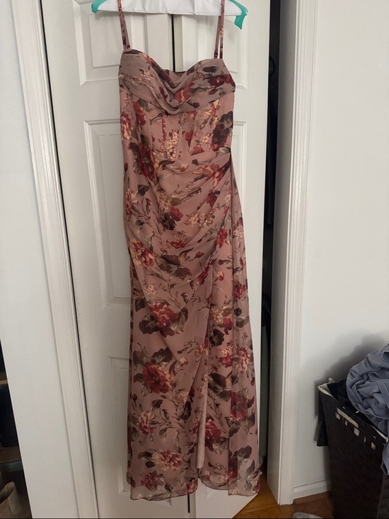 Azazie Strapless Floral Maxi Dress in Dusty Rose and Burgundy - Picture 2 of 3